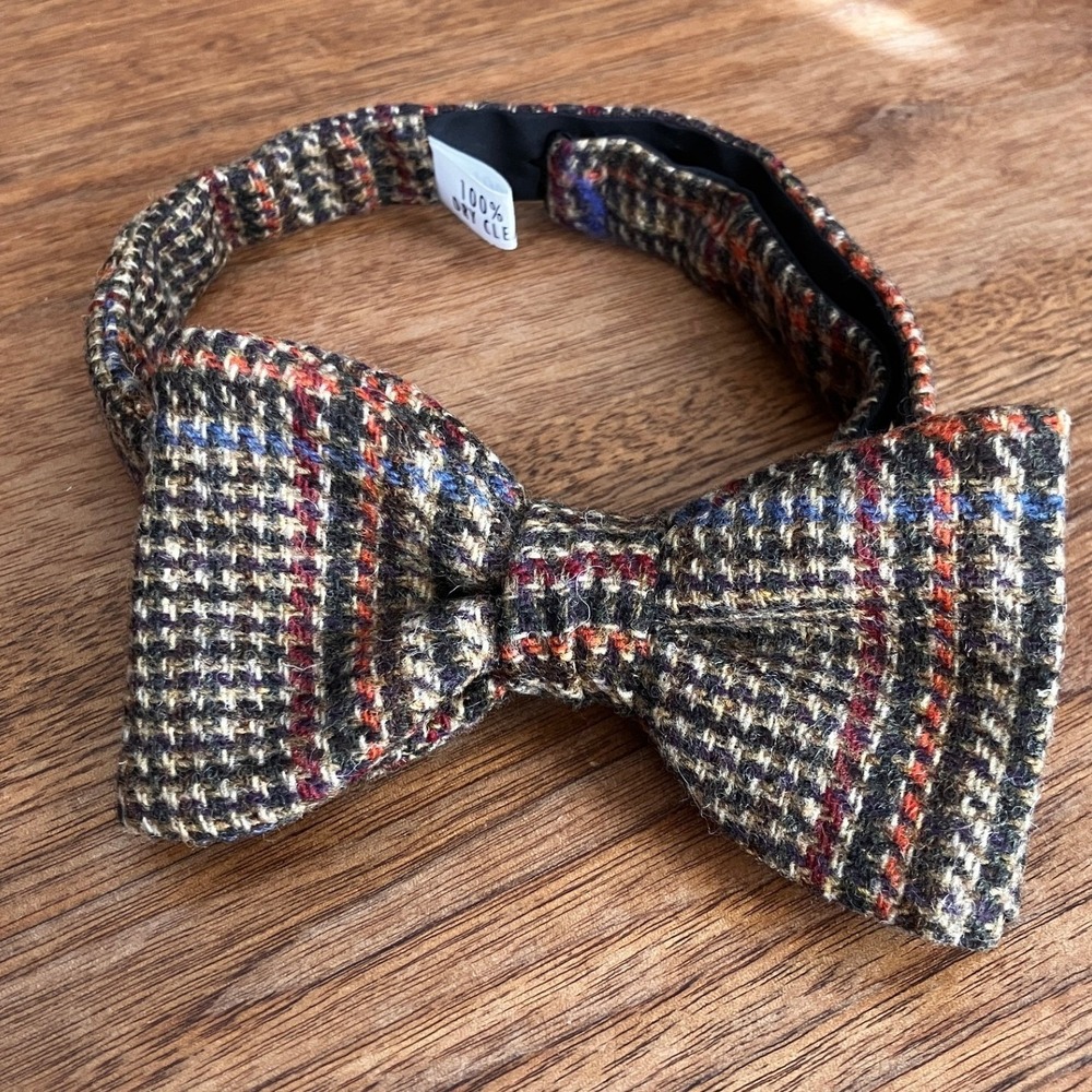 Mens Wool Tweed Bow Tie Multi Color Houndstooth Adjustable Pre-Tied Brown Blue